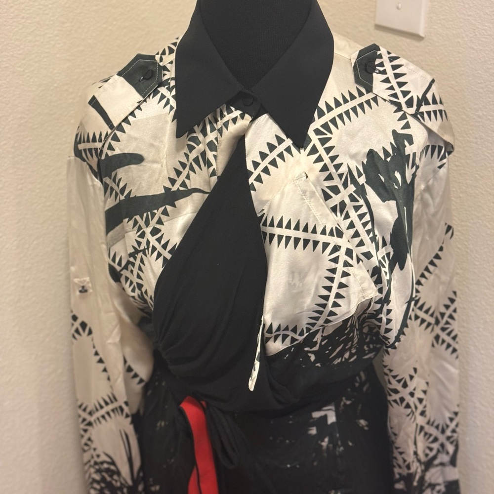 Preen by Thornton Bregazzi Red Black Art Deco Silk Wrap Dress 8 M $1700+ - Picture 2 of 16